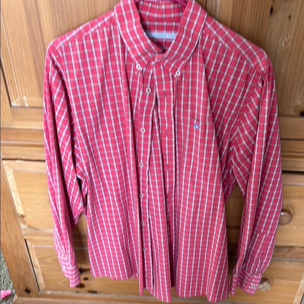 Men’s Southern Tide Red and White Plaid Button-Up Shirt